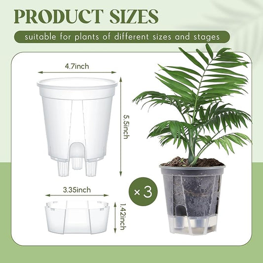 Wonderjune Self Watering Pots for Indoor Plants with Deep Reservoir and High Drainage Holes for Outdoor Plants and Flowers, Bare Root Planter(4.72'',Clear,3 Pcs)