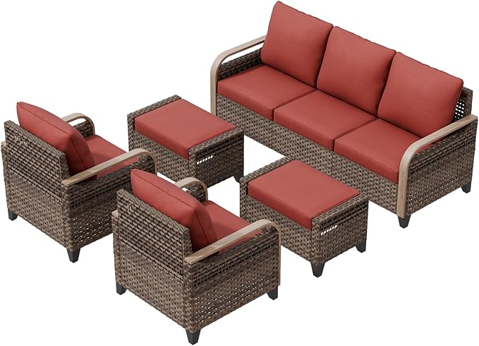 COOS BAY Modern Wicker Outdoor Furniture Set, Patio Conversation Set with Patio Chairs, 3 Seat Couch, and Ottomans, 5 Piece, Brown/Red