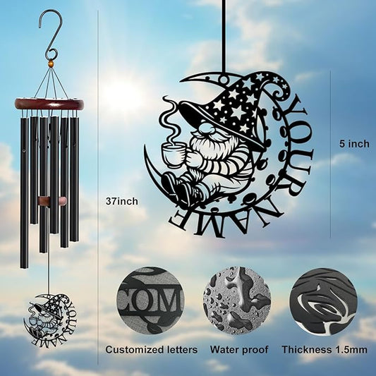 Personalized Customize Name Gnome Wind Chime, Metal Iron 37 Inch Outdoor Memorial Gift for Garden Yard Patio Home Decor, Black,Christmas (Style H)