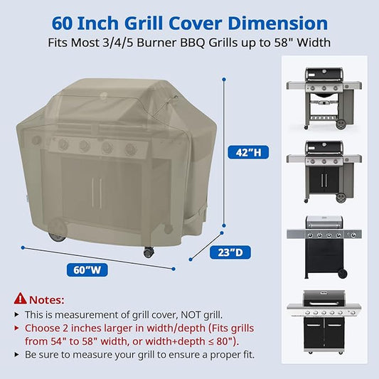 SunPatio Gas Grill Cover 60 Inch, Heavy Duty Waterproof Outdoor Barbecue Cover with Sealed Seam, FadeStop Material, All Weather Resistant Compatible for Weber CharBroil Nexgrill Grills and More, Taupe
