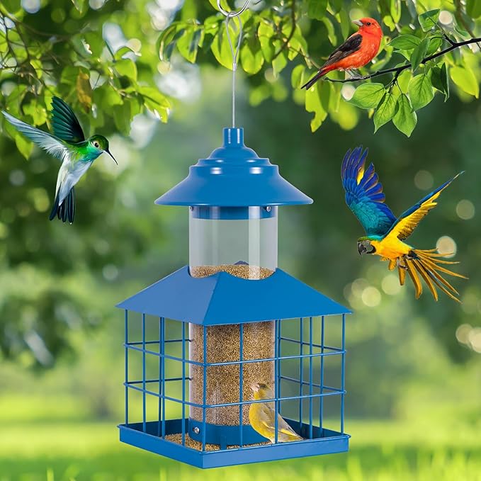 Squirrel Proof Bird Feeder, Hanging Metal Cage Bird Feeders for Outdoors, Weather Resistant Wild Bird Feeders with Finch Cardinal Chickadee, 3.4 LB Large Capacity,Blue