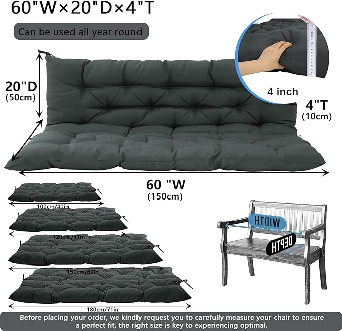 Outdoor Swing Cushions 3 Seater Waterproof, Replacement Bench Cushions for Outdoor Patio Furniture with Backrest, Porch Swing Cushion with Ties for Lawn and Garden (Dark Gray, 40x60in)