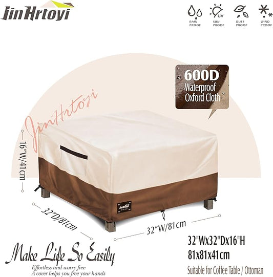 Patio Ottoman Cover Waterproof Square Outdoor Ottoman Covers, 32W x 32D x 16H Inches Patio Furniture Covering Protector Outdoor Side Table Cover, Beige&Brown