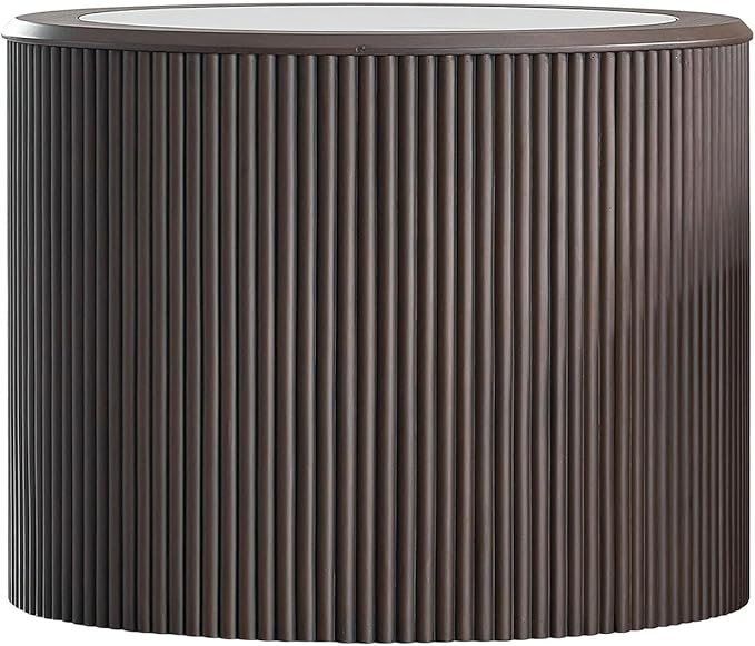kevinplus Round Faux Marble Side Table Wood End Table for Living Room, Modern Contemporary Embossment Fluted Style, No Assembly (Dark Brown, ø23.62'' x 18.5'')
