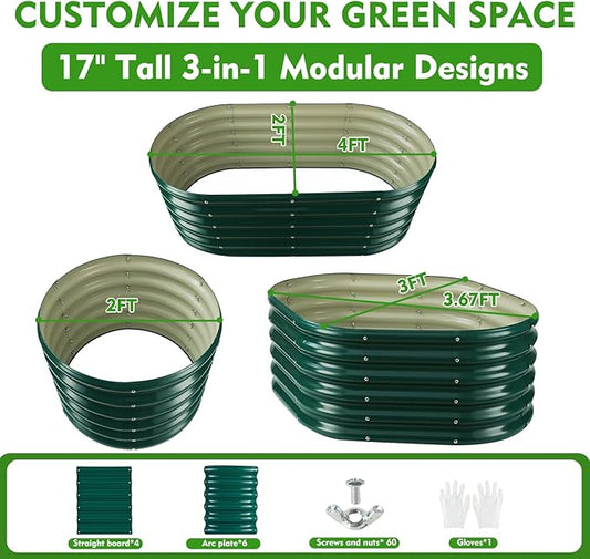 17" Tall Outdoor Garden Raised Garden Bed Kits, 4ft X 2ft Oval,0.8MM Thick Metal Raised Planter Bed/Ground Planter Box for Variety of Flowers,Herbs,Vegetables (Dark Green, 48X24X16.5 Inches)