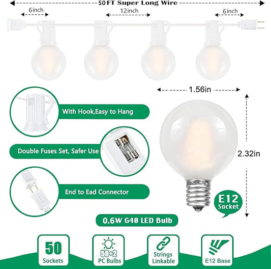 Outdoor LED String Lights, 50Ft with 52 Frosted White LED Globe Bulbs, Waterproof for Indoor/Outdoor Use, Perfect for Garden, Bistro, Pergola, Tents & Decorations, White