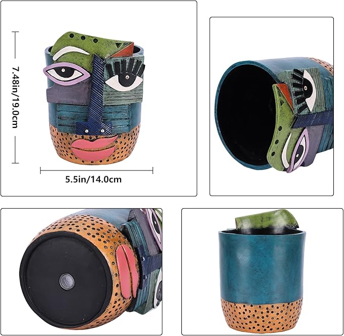 Colorful Face Planters Pots Head with Drainage Resin Large Decorative Plant Pots, Unique Planters for Indoor Plants and Outdoor Patio Flower Pot Funny Garden Succulents Pot