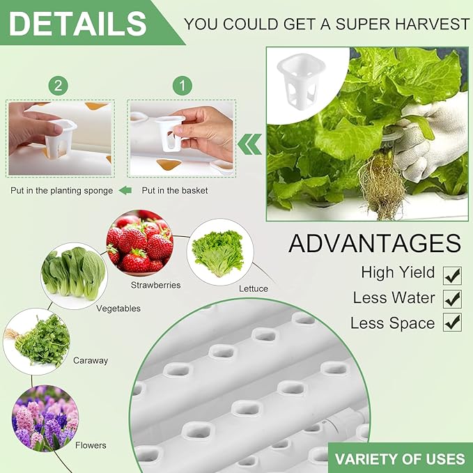 Upgraded Hydroponics Growing System Kit,108 Plant Sites 3 Layers Food-Grade PVC-U Pipes Hydroponic Grow Kit Gardening System for Vegetables,Flowers,Fruits,Herbs