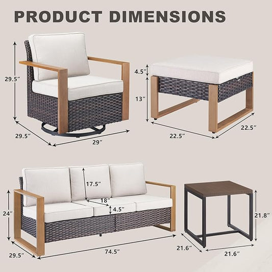 Rilyson Outdoor Wicker Patio Furniture Set - 8 Piece Patio Conversation Set with 4 Wicker Swivel Rocker Chairs,2 Rattan Ottoman 1 Side Table and 1 Couch,Thick Cushions,Deep Seating(Brown/Beige)