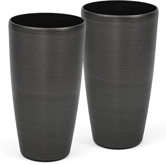 22.8" Large Planters Pot Set of 2 Flower Pots Tall Pots for Plants with Modern Handmade Brushed Metal Finish, Weather-Resistant for Indoor, Outdoor, Deck and Porch, Black