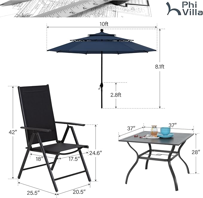 PHI VILLA 5 Piece Outdoor Dining Set with 10ft Umbrella (Navy Blue), Patio Table and Chairs for 4 with Lightweight Folding Dining Chairs & Metal Square Dining Table for Yard, Garden and Deck