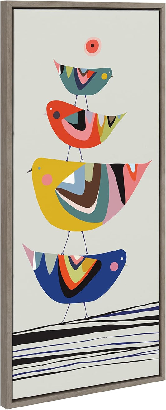 Kate and Laurel Sylvie The Family Tree Mid-Century Modern Framed Canvas Wall Art by Rachel Lee of My Dream Wall, 18x40 Gray, Adorable Bird Art for Wall
