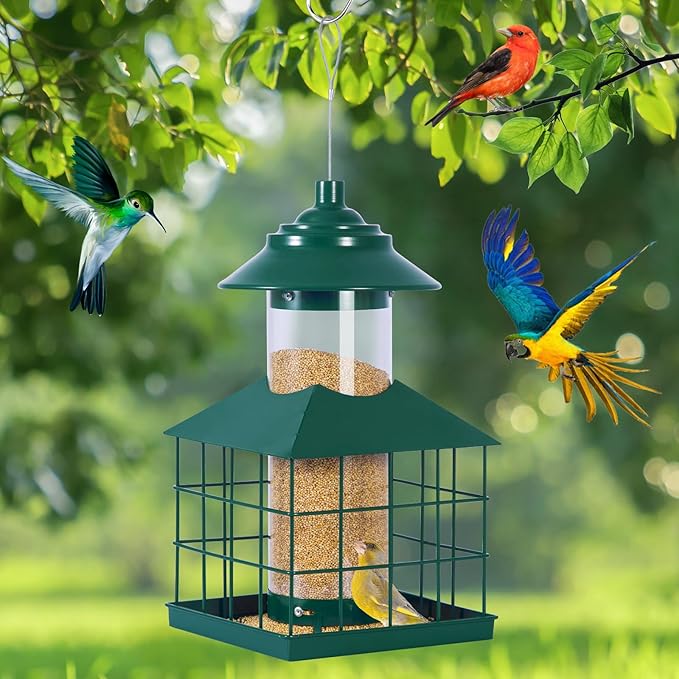 Squirrel Proof Bird Feeder, Hanging Metal Cage Bird Feeders for Outdoors, Weather Resistant Wild Bird Feeders with Finch Cardinal Chickadee, 3.4 LB Large Capacity,Green