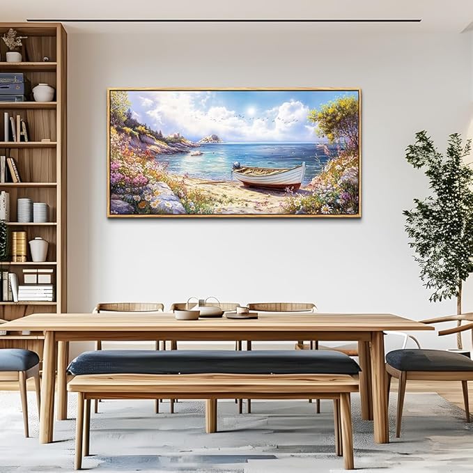 QIYILEXWART Wood Farmed Canvas Wall Art For Living Room Wall Decor For Bedroom Office Wall Decoration The Sea Boat Landscape Painting Farmhouse Pictures Artwork Room Aesthetic Home Decor 20x40 In