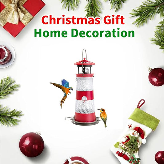 Solar Bird Feeder Lighthouse Hanging Outdoor Birdfeeder Garden Lantern Waterproof LED Lights Backyard DΓ©cor Patio Gifts for Bird Lovers (B-Lighthouse, Red)