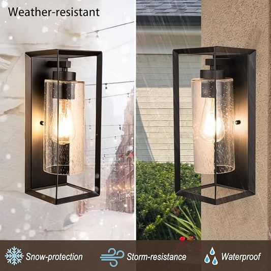 Craly 14" Outdoor Wall Sconce, Exterior Waterproof Wall Light Lantern with Hand-Crafted Clear Seeded Glass Shade, Matte Black, Outside Porch Lights Fixtures for Patio Front Door Entryway 2 Pack