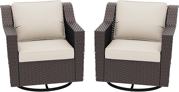 Patio 2 Pieces Wicker Swivel Chairs Set of 2,Outdoor PE Rattan Rocking Glider Armchairs, Water-Resistant Cushions with Removable and Washable Covers, Porch, Balcony, Sunroom (Beige)