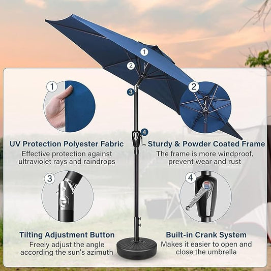 Simple Deluxe 9FT Outdoor Patio Umbrella Table Market Umbrella with Push Button Tilt and Crank and 50lbs Base Stand, for Garden, Lawn, Deck, Backyard, Pool, Blue