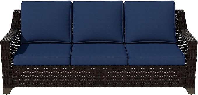 VistaVibe 78" Patio Wicker 3-seat Sofa, Deep Seat & Upholstered Loveseat, Outdoor All-Weather Rattan Couch with Removable Cushions, Steel Frame Couch for Garden, Poolside (Brown/Navy)