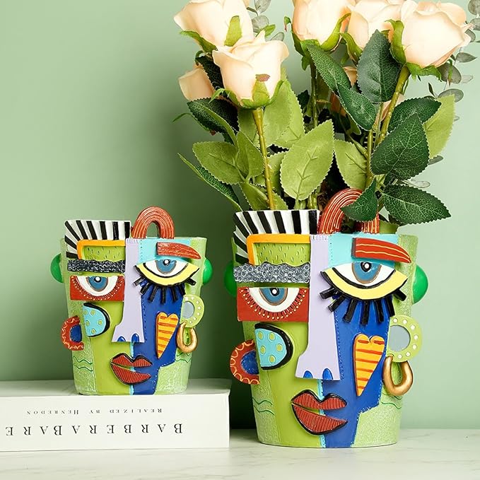 Picasso Abstract Face Flower Pot Colorful Art Flower Vase with Facial Expressions Unique Head Planter for Indoor Outdoor Cute Plant Decor (Large)