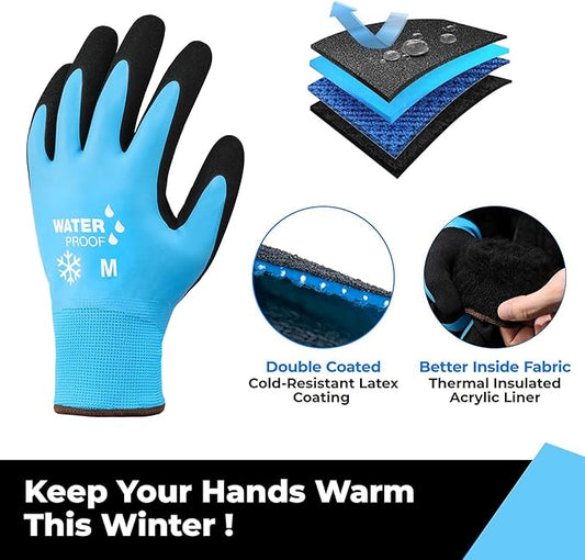 DULFINE 100% Waterproof Winter Work Gloves for Men and Women,Foam Latex Coated and Thermal Insulated Gloves for Cold Weather