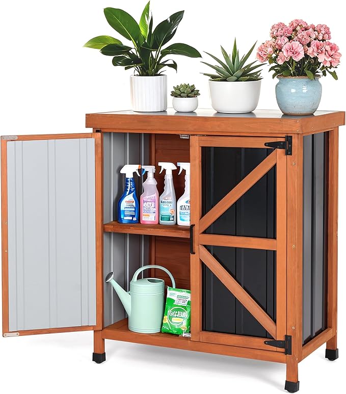 Black Metal Outdoor Storage Cabinet with X-Design Doors & Wood Frame, Metal Top Potting Bench Weatherproof for Patio, Garden & Backyard, 31.5"x 17.7"x 35.4"Tool Outdoor Shed