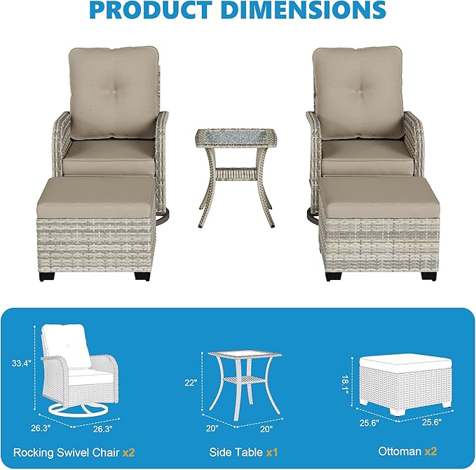 5-Piece Small Patio Furniture Set, Outdoor Swivel Rocking Chairs Set with Ottomans, Patio Bistro Set for Balcony, Deck, Porch, Khaki