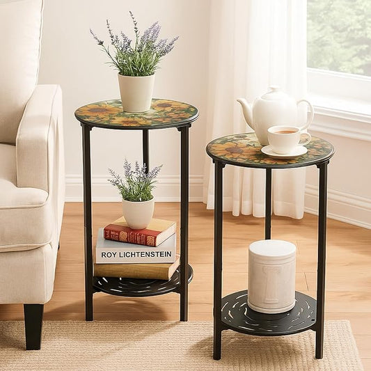 2-Tier Metal Round Side Table Black Accent Coffee Tables Small Space Corner Plant Stand Shelf for Indoor Outdoor Use Patio Balcony End Table Flower Print Weather-Resistant