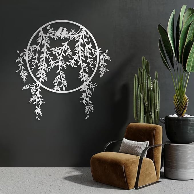Birds on Branch Metal Wall Decor, Metal Tree Leaf Wall Art, Olive Branch Artwork, Birds Wall Decor, Olive Wall Art, Bird Decorations for The Home, Farmhouse, Living Room (White, 35"x34" | 90x86cm)