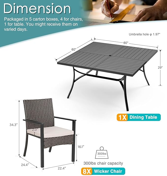 PHI VILLA 9 Pieces Square Outdoor Dining Table Set for 8, 60” Large Metal Steel Dining Table & Rattan Wicker Chairs with Cushions, Dining Furniture Set for Patio, Deck, Yard, Porch