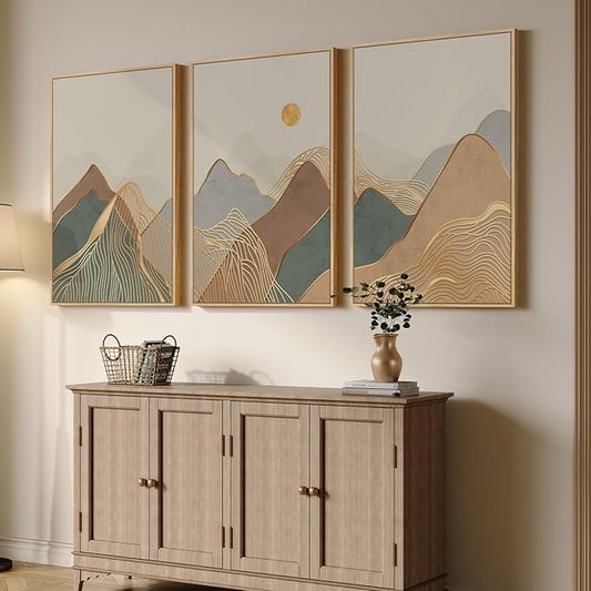Framed Boho Mountain Wall Art for Living Room, 3 Piece Modern Nature Landscape Canvas Artwork for Walls, Large Sunset Minimalist Abstract Prints Wall Decor for Bedroom Hallway Home Office, 24x36 Inch