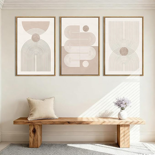 Anyzal Extra Large Boho Abstract Wall Art 24x36 Inch Framed Minimalist Neutral Canvas Wall Decor Pink White Modern Artwork for Living Room Bedroom Office Set of 3