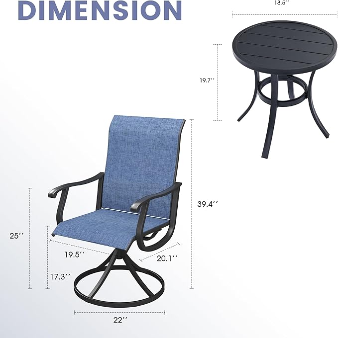VICLLAX 3 Pieces Small Outdoor Furniture, 2 Patio Swivel Chairs and Small Round Outdoor Table for 2, Blue Chairs & Black