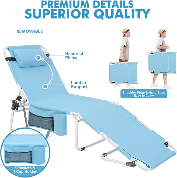 Tanning Chair with Sun Canopy Face Hole Softer Padded Adjustable Washable, Heavy Duty Layout Folding Lounge Chair for Adults Outside Beach Reading Sunbathing Poolside Lawn, UPF 50+ Sun Shade, 300 LBS