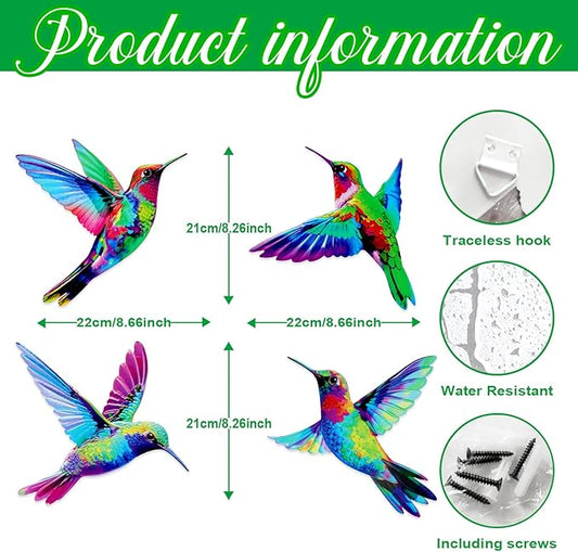 4 Pcs Metal Wall Art, Wall Decor for Bedroom, Rustic Hummingbirds Hanging Decorations for Garden Living Room Balcony Patio Fence Indoor Outdoor, 8.66L x 8.26W