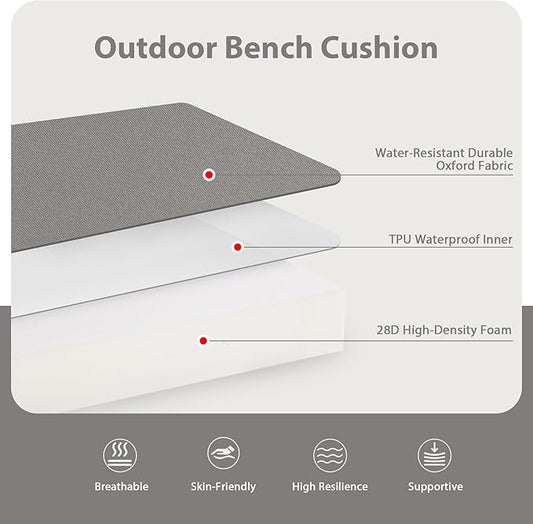 Favoyard Outdoor Bench Cushion 45 x 18 Inch Waterproof Patio Furniture Cushions 3-Year Color Fastness Garden Sofa Settee Couch Swing Pads with Handle and Attach Ties, Light Gray