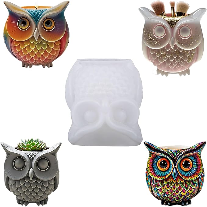 1Pc 3D Owl Epoxy Resin Silicone Mold Animal Plaster Storage Box Candle Mold for Pen Holders Concrete Clay Art Crafts DIY Home Decor Potted Plant Decorations Halloween Party Gifts Storage Box