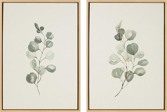 Kate and Laurel Sylvie Eucalyptus 4a & Eucalyptus 4b Framed Canvas Wall Art Set By Maja Mitrovic of Makes My Day Happy, 2 Piece 23x33 Natural, Simple Neutral Botanical Art Wall Décor