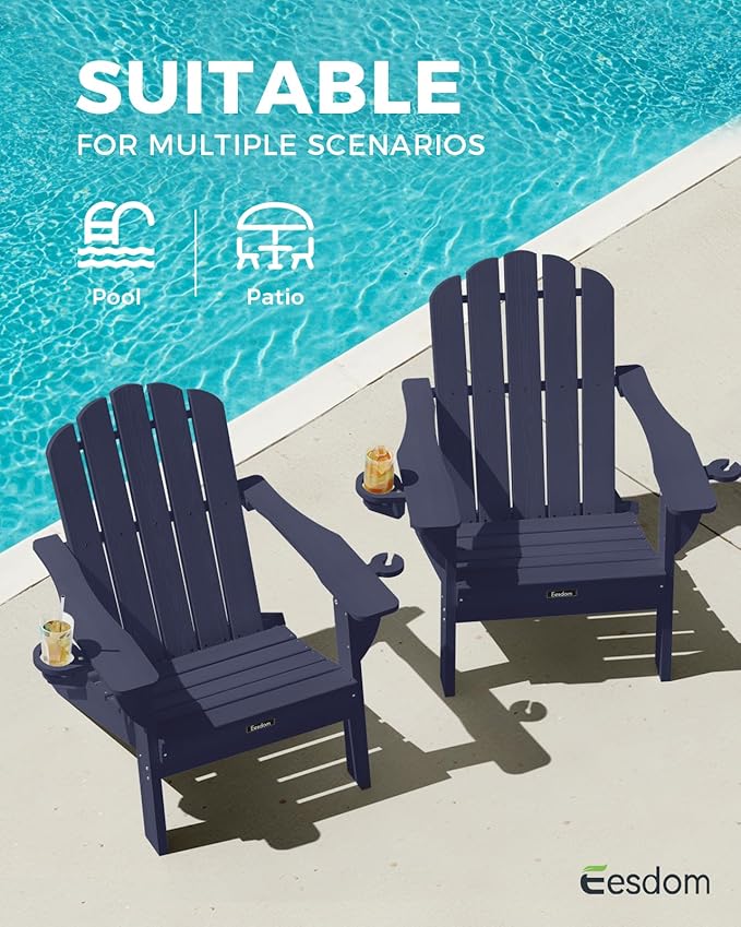 Adirondack Chair, HDPE Material Fire Pit Chairs, Plastic Adirondack Chairs with 2 Cup Holder, Outdoor Lawn Chair for Patio Garden, Dark NavyBlue