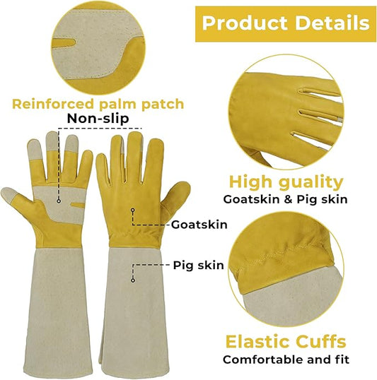 HLDD HANDLANDY Long Gardening Gloves for Women Men - Leather Rose Pruning Gloves Thorn Proof - Breathable Working Glove