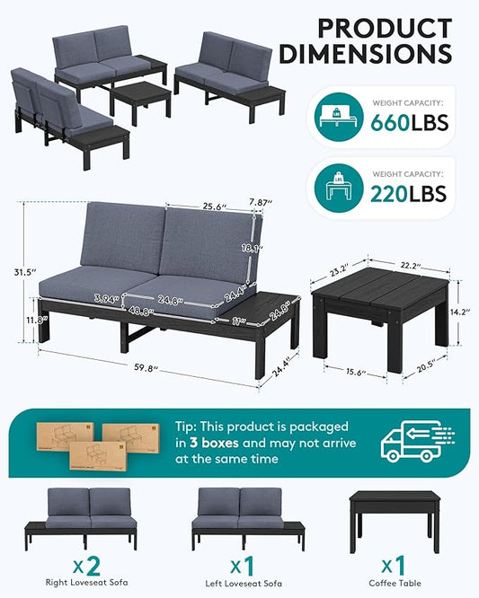 SERWALL HDPE Patio Furniture Set with 15FT Double Side Patio Umbrella, Outdoor Sofa Set, Seats 6, Modular Sectional Couch for Patio, Garden, Backyard, Black Frame with Grey Cushion