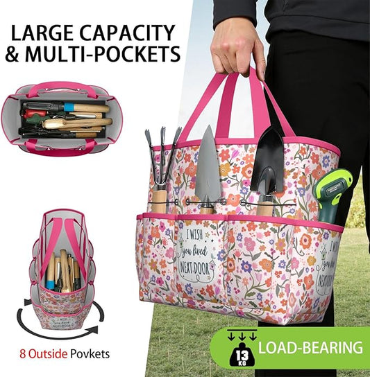 Boho Garden Tool Bag - Waterproof Floral Garden Tote with 8 Pockets, Large Storage Home Organizer Gardening Tool Oxford Bag for Garden Tools Kits Holder, Ideal Outdoor Gardening Gift for Women & Men