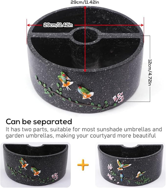 Patio Umbrella Planter 2 pcs Wrap Around Umbrella Planter with Umbrella Hole Half Round Flower Pot Black Outdoors with Drainage Holes(11.41 * 11.41 * 4.72inch) On Patio Table