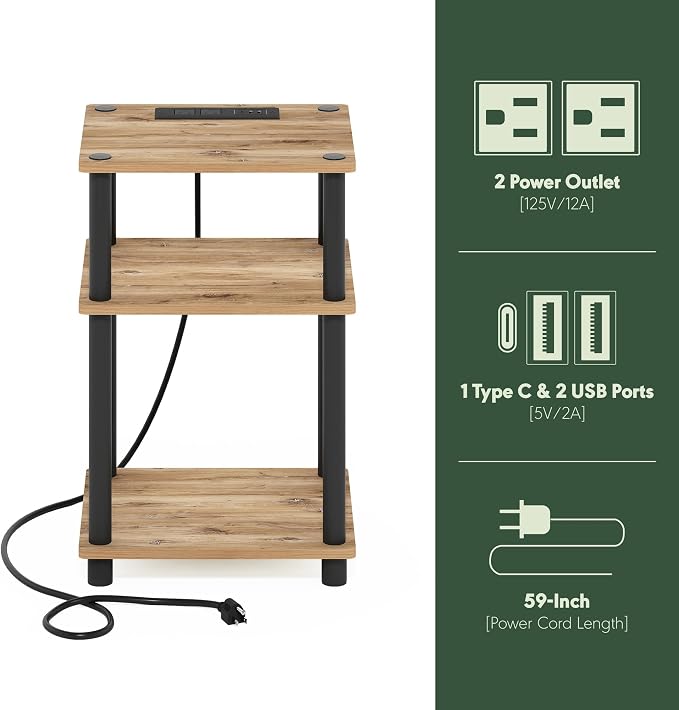 Furinno Just 3-Tier Turn-N-Tube USB and Type-C Charging Port End Table with Open Storage, 11.42 (W) x 8.82 (H) x 6.77 (D) inches, Flagstaff Oak/Black
