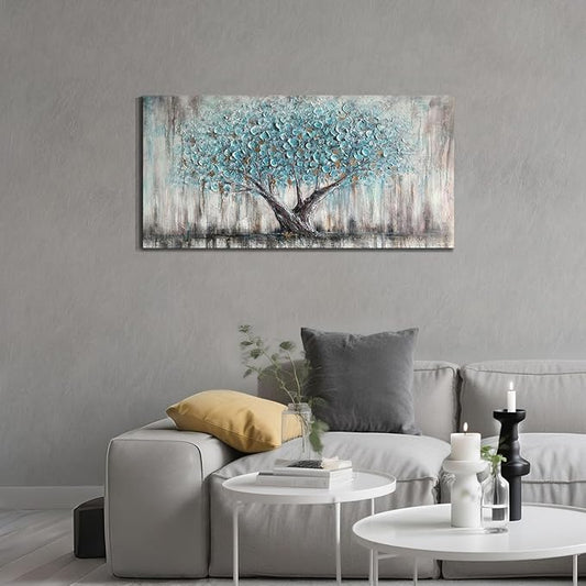 Arjun Tree of Life Wall Art Canvas for Living Room Blue Tree Nature Teal Painting, 50% Hand Painted Textured Picture Bedroom Panoramic Landscape Artwork Framed Home Office Decor 40"x20"
