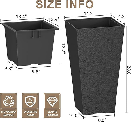 Kante 28 Inch Tall Planter Set of 2, Large Taper Planter for Outdoor Indoor Garden Patio Front Door (Black)