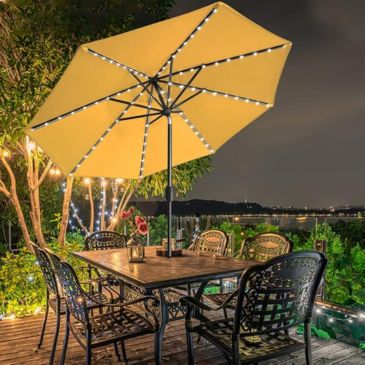 EliteShade USA 10-Year-Non-Fading Solar 9ft Market Umbrella with 80 LED Lights Patio Umbrellas Outdoor Table Umbrella with Ventilation, Sunflower Yellow