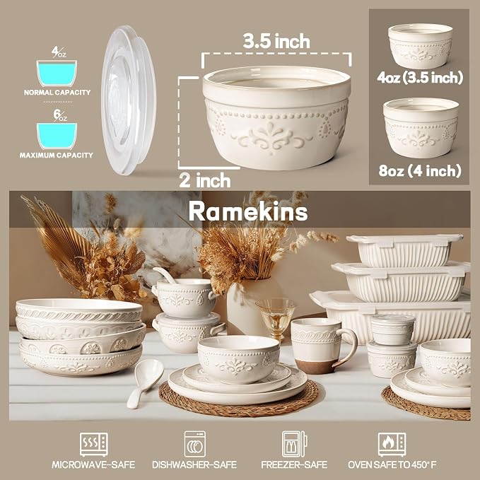 Artena Ramekins with Lids, Creme Brulee Ramekins Oven Safe, Ceramic Pudding Cups, Souffle Cups, Custard Cups, Dipping Sauce Cups, Food Storage Containers with Lids, Set of 4 (4 oz, Multiple Patterns)