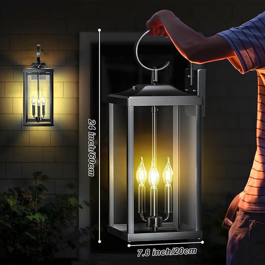2 Packs 24" Extra Large Dusk to Dawn Light Fixture 3-Light, Black Outdoor Porch Lantern Wall Mounted, Waterproof Modern Outside Wall Sconce Coach Lamp for House, E12