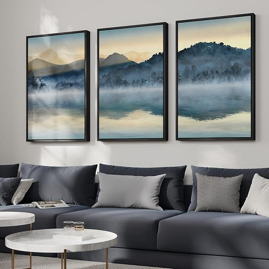 Framed Watercolor Mountain Wall Art for Living Room, Large Lake Nature Landscape Artwork for Walls, 3 Piece Blue Foggy Scenic Aesthetic Canvas Painting Prints for Office Hallway Wall Decor, 24x36 Inch